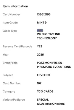 2025 POKEMON EN-PRISMATIC EVOLUTION #167 EEVEE EX SPECIAL ILLUSTRATION RARE PSA - Image 4