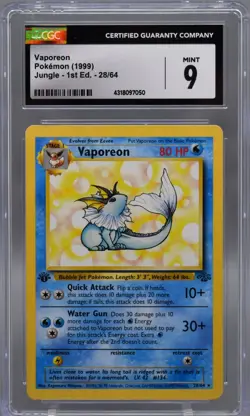 1999 Pokemon Jungle 1st Edition Vaporeon #28 CGC 9 Mint Non-Holo WOTC - Image 1