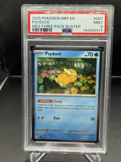 2025 Pokemon MEP EN Meg Three Pack Blister Psyduck #007 PSA 9 With SWIRL - Image 1