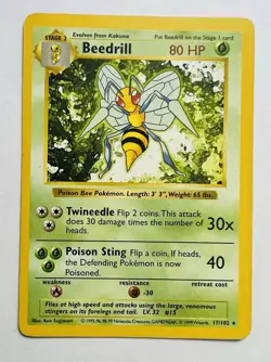 Pokemon TCG Beedrill Card 17/102 Rare Shadowless Base Set - Image 1