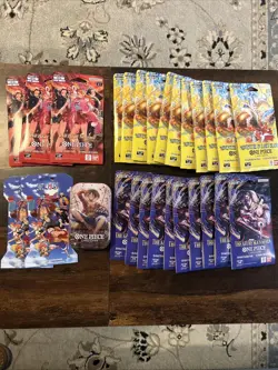 One piece TCG Sealed Lot - 28 PACKS! OP-14 OP-15 EB-03 Tin Pack Set V.2 Stickers - Image 1
