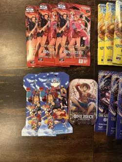 One piece TCG Sealed Lot - 28 PACKS! OP-14 OP-15 EB-03 Tin Pack Set V.2 Stickers - Image 3