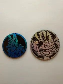 Mega Lucario Jumbo Coin - Silver Rainbow Sparkle Holo & Location Blue Holo Coin - Image 1