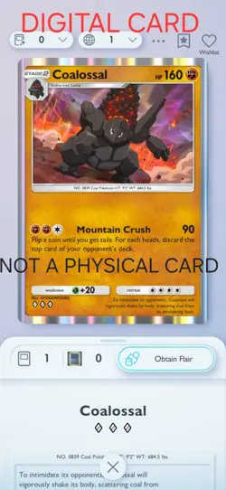 Coalossal Pokemon Pocket Mobile Game Card Pulsing Aura Set ◇◇◇ Rare Card Trade - Image 1