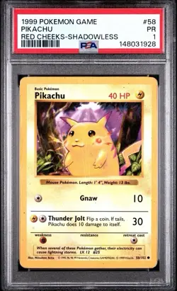 PSA 1 Pikachu Red Cheeks Shadowless Base Set #58 1999 Pokemon WoTC PR - Image 1