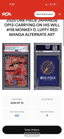 2025 ONE PIECE JAPANESE RED MANGA ALTERNATE ART OP13-118 MONKEY D. LUFFY PSA 10 - Image 2