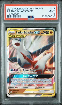 2019 POKEMON SUN & MOON TEAM UP #113 LATIAS & LATIOS GX PSA MINT 9 - Image 1