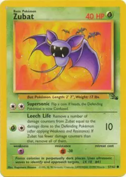 Zubat 57/62 Fossil Set Unlimited Vintage 1999 Pokemon Card - NM - Image 1