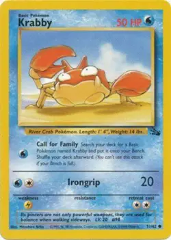 Krabby 51/62 Fossil Set Unlimited Vintage 1999 Pokemon Card - NM - Image 1