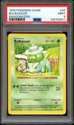 PSA 9 MINT Bulbasaur 44/102 SHADOWLESS Base Set Pokemon Card 511 - Image 1