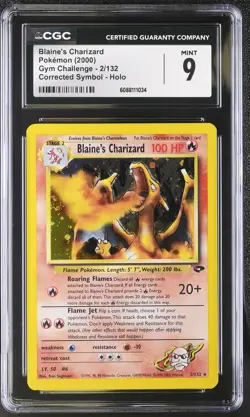 CGC 9 Blaine's Charizard Gym Challenge 2/132 Corrected Symbol Holo Pokemon Card - Image 1