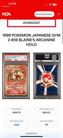 Blaine's Arcanine Holo Pokemon 1999 Gym Challenge Japanese #59 PSA 9 - Image 3