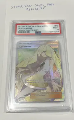 DW 2017 Pokemon Sun & Moon Crimson Invasion #110 Lusamine Full ART PSA 9 Mint - Image 1