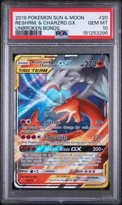 New Cert! 2019 POKEMON SUN & MOON UNBROKEN BONDS RESHIRAM & CHARIZARD GX PSA 10 - Image 1