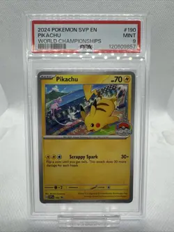 2024 POKEMON SVP EN-SV BLACK STAR PROMO #190 PIKACHU WORLD CHAMPIONSHIPS PSA 9 - Image 1