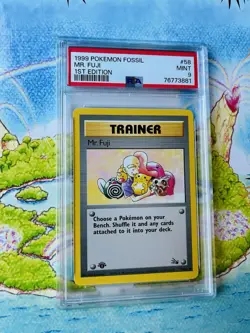 Pokemon TCG Fossil Mr. Fuji 1st Edition PSA 9 Trainer Card 58/62 1999 Uncommon - Image 1