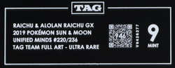 2019 Pokemon SM Unified Minds 220/236 Raichu & Alolan GX Tag Team UR TAG 9 (946) - Image 3