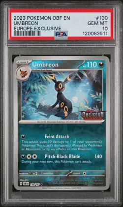 UMBREON 2023 POKEMON 130/197 REVERSE HOLO OBSIDIAN FLAMES PROMO PSA 10 EUROPE - Image 1