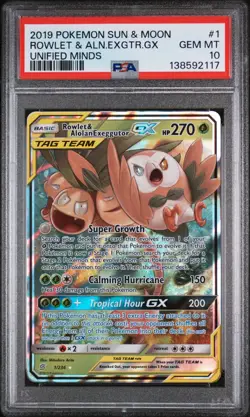Pokemon TCG: Unified Minds Rowlet & Alolan Exeggutor GX 1/236 PSA 10 GEM MINT - Image 1