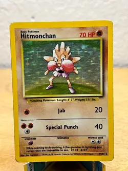Base Set Unlimited Hitmonchan 7/102 Holo Rare Pokemon DMG - Image 1