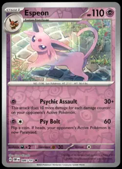 Espeon 086/197 SV03: Obsidian Flames Uncommon Reverse Holofoil LP Pokemon TCG - Image 1