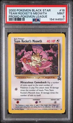 2000 Pokemon Black Star #18 Team Rocket's MEOWTH Promo Pokemon League PSA 9 - Image 1