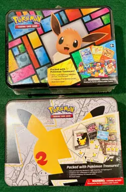 NEW Pokemon TCG Pikachu Celebrations & Eevee Treasure Chest Lunchbox Tin Lot (2) - Image 1