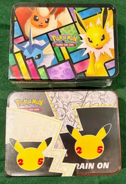 NEW Pokemon TCG Pikachu Celebrations & Eevee Treasure Chest Lunchbox Tin Lot (2) - Image 2