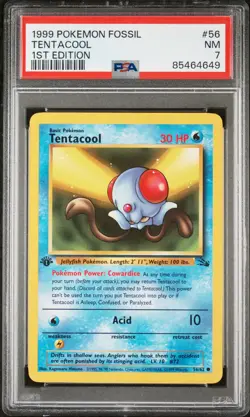 1999 Pokemon Fossil #56 Tentacool 1st Edition PSA 7 - Image 1