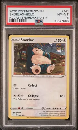 2020 Pokemon Rebel Clash #141 Snorlax-Holo Rcl-'21 Snorlax Ko Tin PSA 8 - Image 1