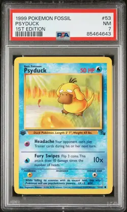 1999 Pokemon Fossil #53 Psyduck 1st Edition PSA 7 - Image 1