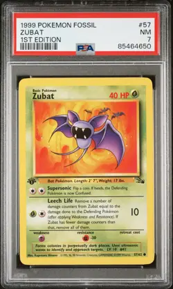 1999 Pokemon Fossil #57 Zubat 1st Edition PSA 7 - Image 1