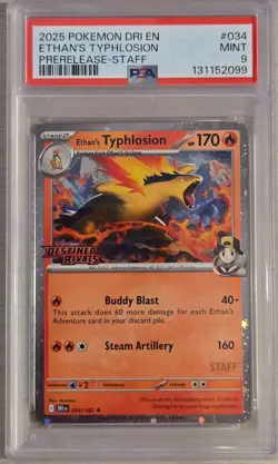 Pokemon Ethan's Typhlosion Destined Rivals STAFF Prerelease Holo Rare #034 PSA 9 - Image 1