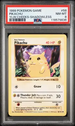 1999 POKEMON BASE SET YELLOW CHEEKS-SHADOWLESS #58 PIKACHU PSA 8 NM-MINT - Image 1