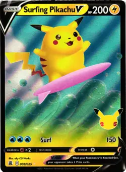 Pokemon TCG Celebrations Surfing Pikachu V 008/025 Ultra Rare Holo NM - Image 1