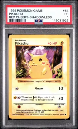 PSA 1 Pikachu Red Cheeks Shadowless Base Set #58 1999 Pokemon WoTC PR - Image 1