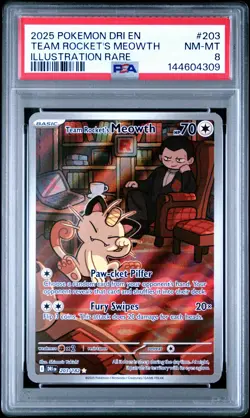 2025 POKEMON DRI EN-DESTINED RIVALS ILLUSTRATION RARE TEAM ROCKET'S MEOWTH PSA 8 - Image 1