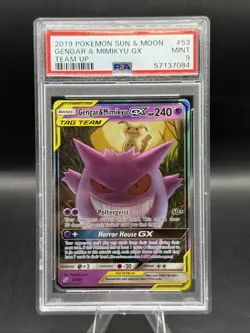 2019 POKEMON SUN & MOON TEAM UP #53 GENGAR & MIMIKYU GX PSA 9 - Image 1