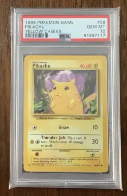 1999 Pokemon Base Set Unlimited Pikachu Yellow Cheeks #58 PSA 10 Gem Mint - Image 1