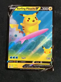 Surfing Pikachu V Pokemon TCG Celebrations 25th Anniversary Full Art Holo 08/025 - Image 1