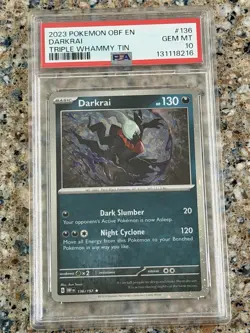 2023 POKEMON OBF EN-OBSIDIAN FLAMES TRIPLE WHAMMY TIN #136 DARKRAI PSA 10 - Image 1