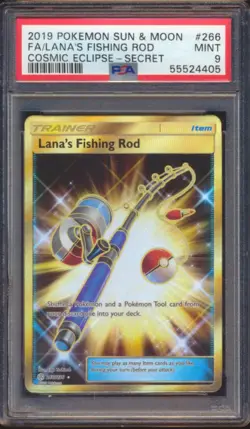 2019 POKEMON COSMIC ECLIPSE LANA'S FISHING ROD #266 FULL ART SECRET RARE PSA 9! - Image 1