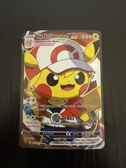 Pokemon Ash Ketchum Pikachu VCOS 043/055 Cosmax Full Art Holo 999 HP Iron Tail - Image 1
