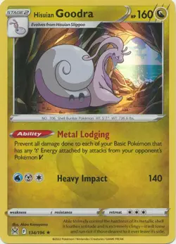 HISUIAN GOODRA 134/196 LOST ORIGIN POKEMON (HOLO RARE, NM) - Image 1