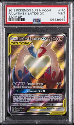 2019 POKEMON SUN & MOON TEAM UP #170 FULL ART/LATIAS & LATIOS GX PSA 9 - Image 1