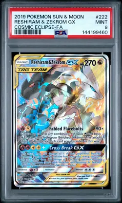 2019 POKEMON SUN & MOON COSMIC ECLIPSE #222 FULL ART/RESHIRAM & ZEKROM GX PSA 9 - Image 1