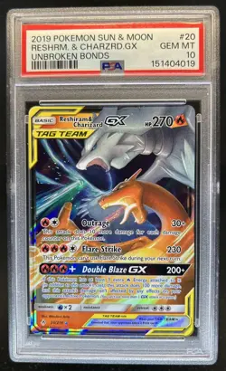 2019 Pokemon SM Unbroken Bonds Reshiram Charizard Tag Team Holo #20/214 PSA 10 - Image 1
