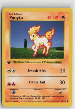 1st Edition Ponyta 60/102 Common Base Set Shadowless Pokemon NM - Image 1