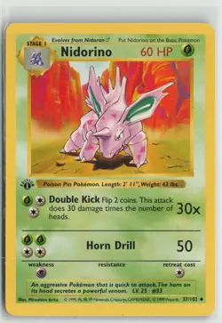 1st Edition Nidorino 37/102 Uncommon Base Set Shadowless Pokemon NM - Image 1