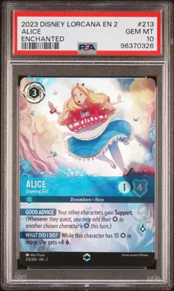 2023 DISNEY LORCANA RISE OF THE FLOODBORN #213/204 ALICE ENCHANTED PSA 10 - Image 1